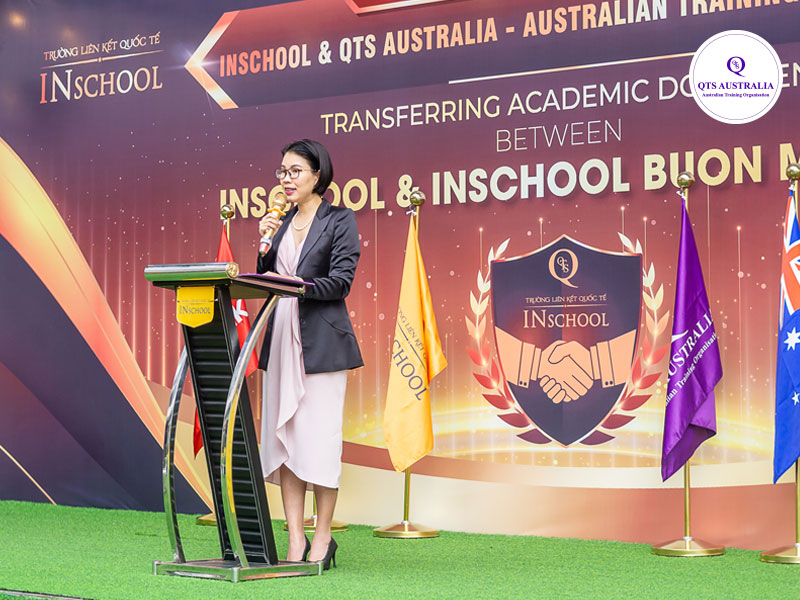 Tổng trưởng đại diện QTS Australia - Tiến sĩ Tracy Tran bày tỏ niềm vinh hạnh khi hợp tác cùng trường INschool