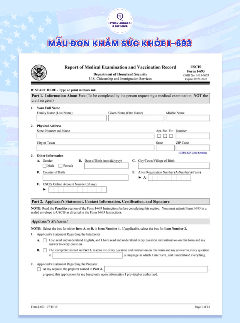 Mẫu đơn khám sức khỏe I-693 được tải xuống từ trang web của NVC