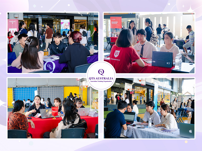 Phụ huynh và học sinh được tư vấn về du học và lộ trình tài chính tại booth của các trường đại học quốc tế